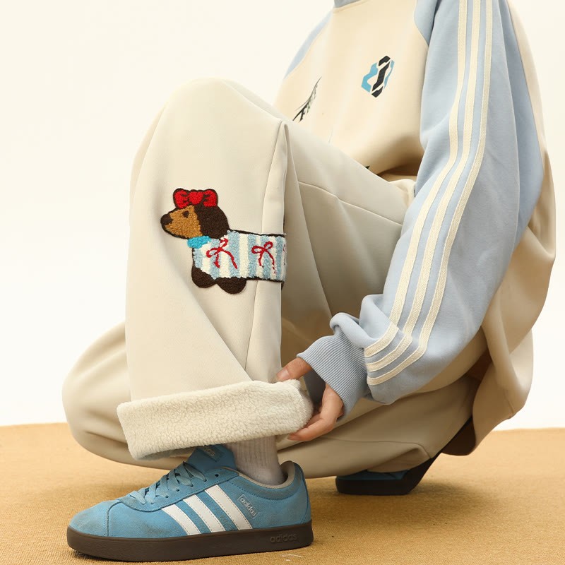 子犬の刺繍入り、着心地の良い厚手シェルパフリースパンツ。冬ラウンジパンツ。 - Apricot – Regular Fleece - 3XL - image 7