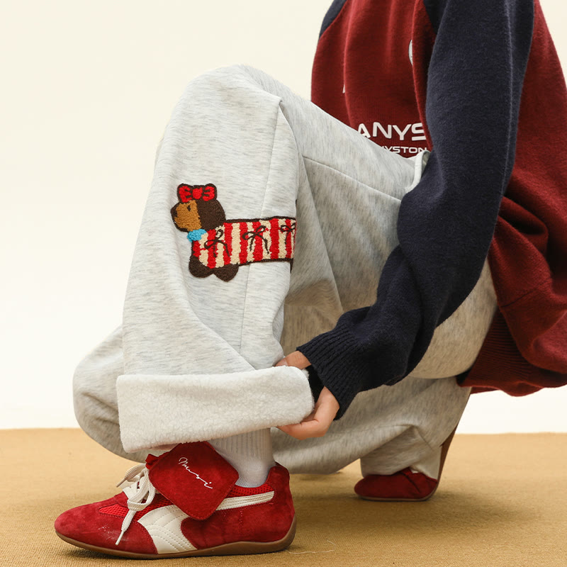 子犬の刺繍入り、着心地の良い厚手シェルパフリースパンツ。冬ラウンジパンツ。 - Grey B – Regular Fleece - 3XL - image 9