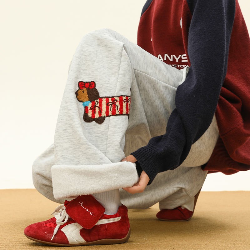 子犬の刺繍入り、着心地の良い厚手シェルパフリースパンツ。冬ラウンジパンツ。 - Grey B – Regular Fleece - 3XL - image 9