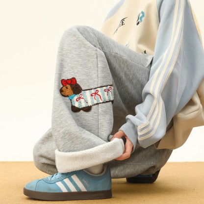 子犬の刺繍入り、着心地の良い厚手シェルパフリースパンツ。冬ラウンジパンツ。 - Grey A – Regular Fleece - 3XL - image 8