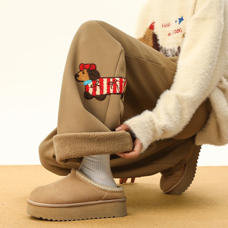 子犬の刺繍入り、着心地の良い厚手シェルパフリースパンツ。冬ラウンジパンツ。 - Khaki – Regular Fleece - 3XL - image 6