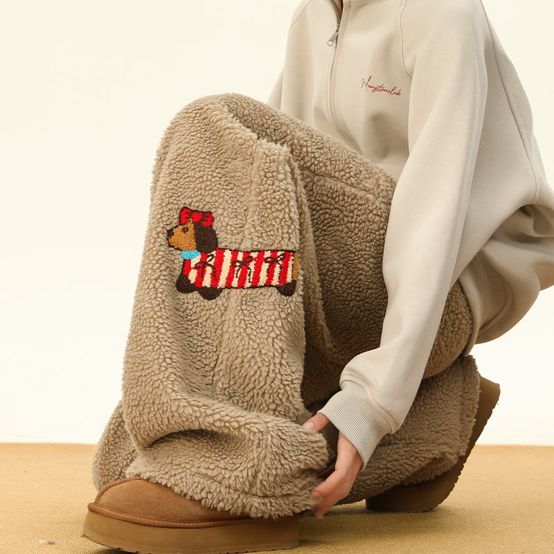 子犬の刺繍入り、着心地の良い厚手シェルパフリースパンツ。冬ラウンジパンツ。 - image 1