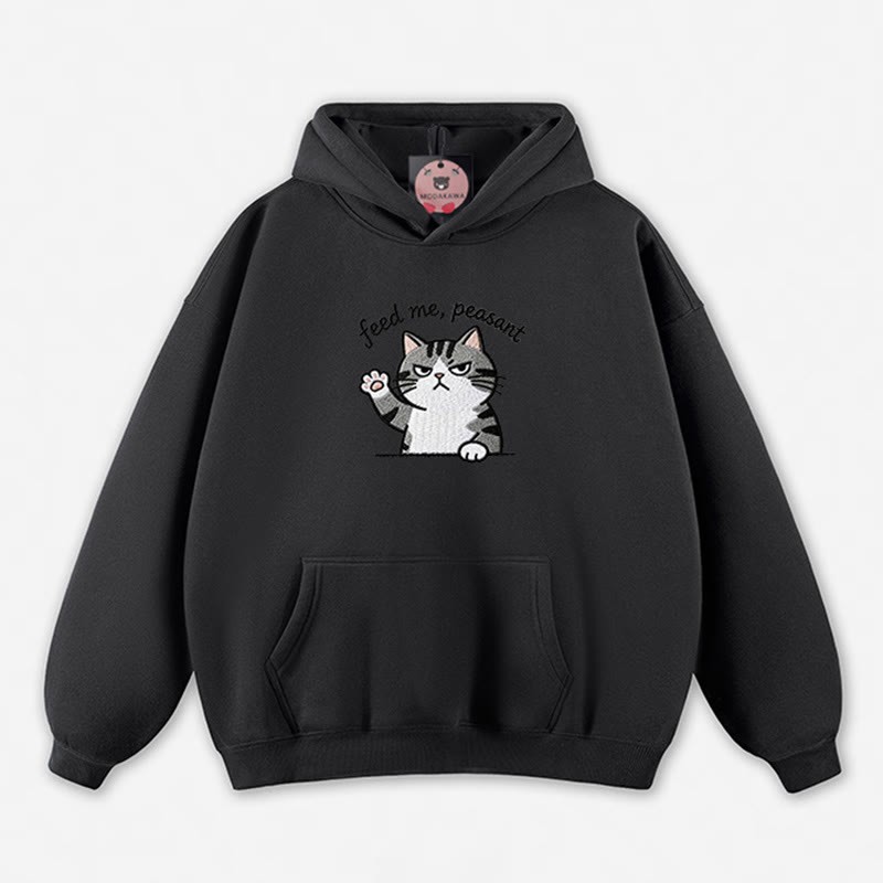 FEED ME, PEASANT 猫の足を上げるグラフィック ルーズパーカー - Black - 5XL - image 1