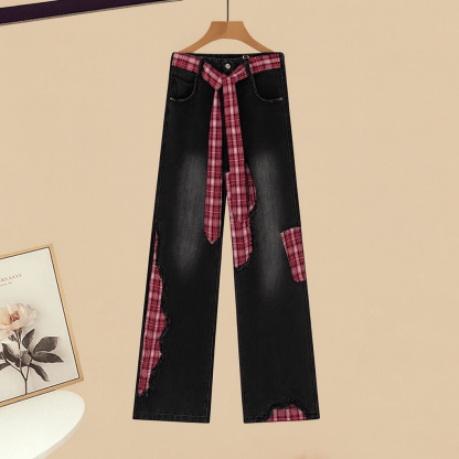 クロスニットセーター、ブラックトップス、チェック柄デニムパンツのマッチングコーデ - Pants - XL - image 3