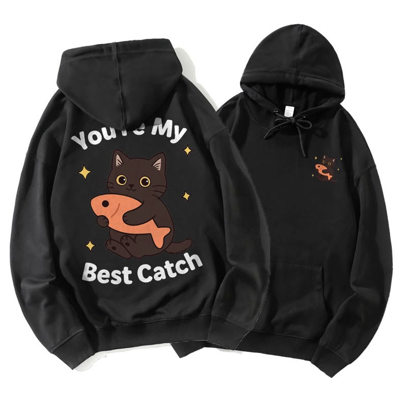 魚を抱くキティのグラフィックカップルマッチングパーカー - Black B - 5XL - image 3