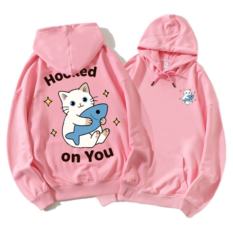 魚を抱くキティのグラフィックカップルマッチングパーカー - Pink A - 5XL - image 10