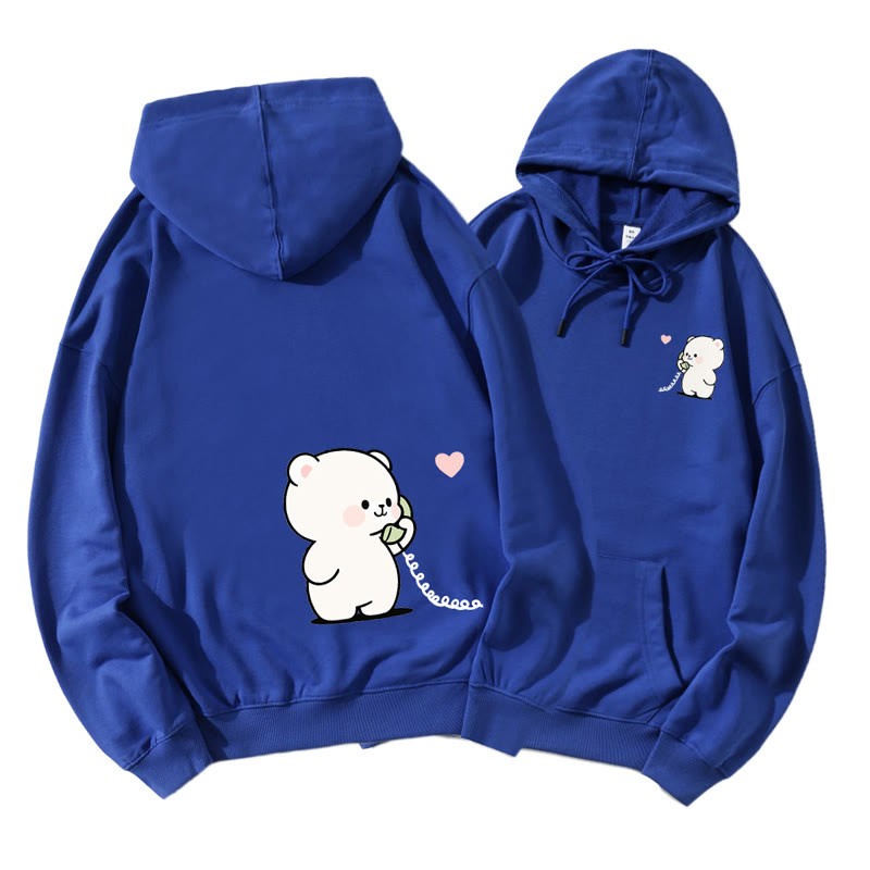 電話で話しているクマとウサギのグラフィックカップルマッチングパーカー - Blue A - 5XL - image 2