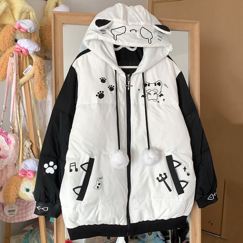 猫耳フード付きパファージャケット - ホワイト＆ブラック - 2XL - image 2