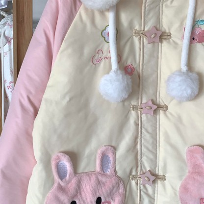 バニーイヤーカラーブロックフード付きパファージャケット - image 3