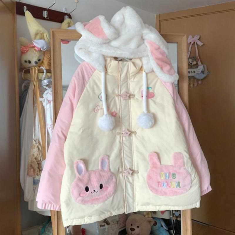 バニーイヤーカラーブロックフード付きパファージャケット - アプリコット＆ピンク - 2XL - image 1