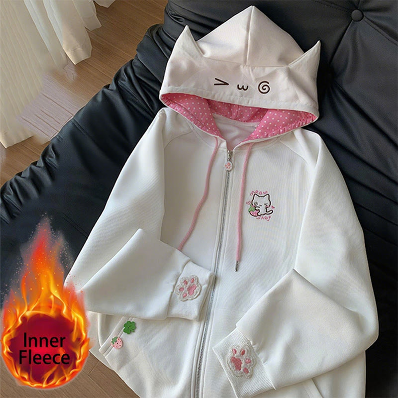 キティ耳刺繍ジップアップパーカー - ホワイトインナーフリース - 2XL - image 2