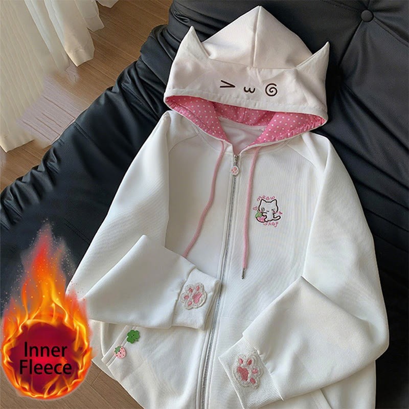 キティ耳刺繍ジップアップパーカー - ホワイトインナーフリース - 2XL - image 2