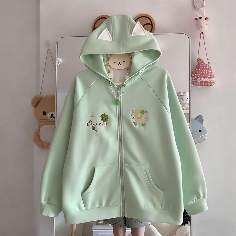 猫耳四つ葉のクローバーベア刺繍ジップアップパーカー - 緑 - 2XL - image 2