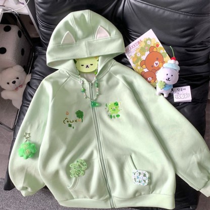 猫耳四つ葉のクローバーベア刺繍ジップアップパーカー - image 1