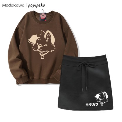 MODAKAWA X popipeko 舌出しパピーグラフィックスウェットシャツ ドローストリング Aラインスカート 2ピースセット - Brown&Black - 2XL - image 3