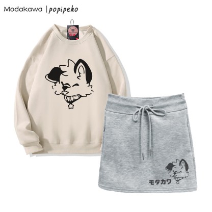 MODAKAWA X popipeko 舌出しパピーグラフィックスウェットシャツ ドローストリング Aラインスカート 2ピースセット - Light Beige&Grey - 2XL - image 2