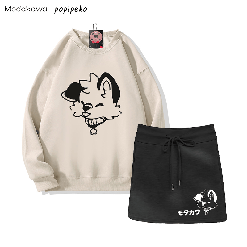 MODAKAWA X popipeko 舌出しパピーグラフィックスウェットシャツ ドローストリング Aラインスカート 2ピースセット - Light Beige&Black - 2XL - image 1
