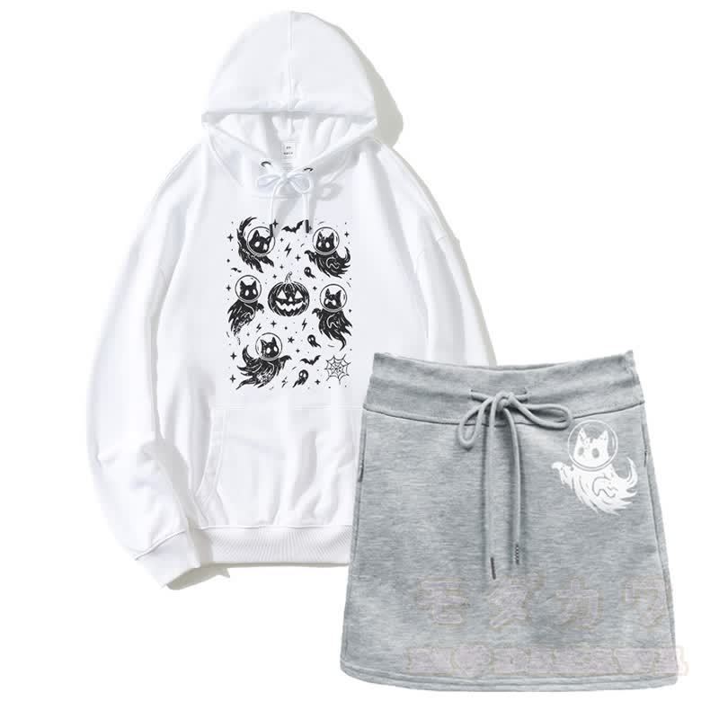 ゴーストのような猫かぼちゃグラフィックパーカードローストリングAラインスカート2ピースセット - ホワイト＆グレー - 2XL - image 2