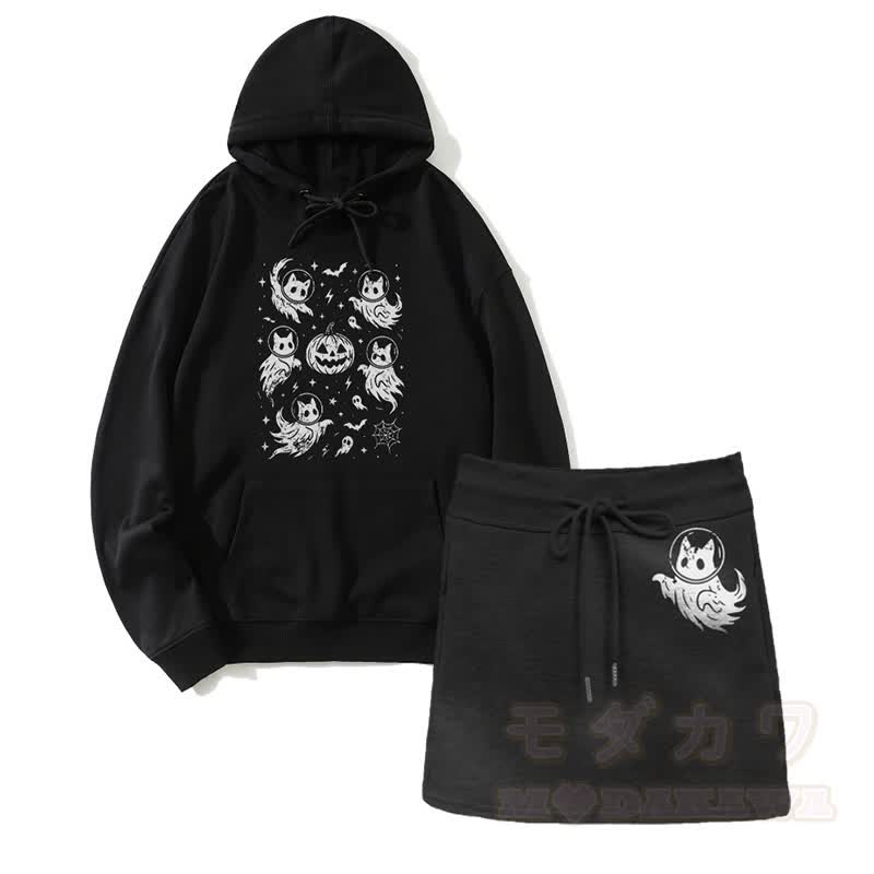 ゴーストのような猫かぼちゃグラフィックパーカードローストリングAラインスカート2ピースセット - 黒 - 2XL - image 1