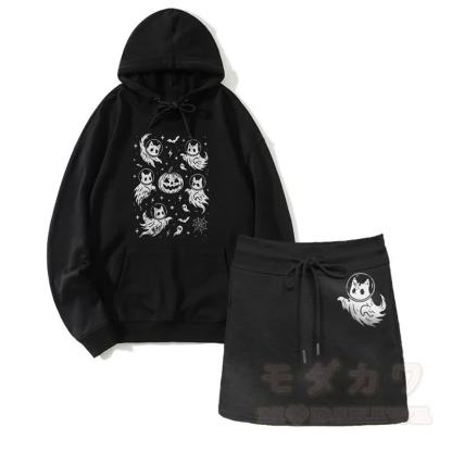 ゴーストのような猫かぼちゃグラフィックパーカードローストリングAラインスカート2ピースセット - 黒 - 2XL - image 1