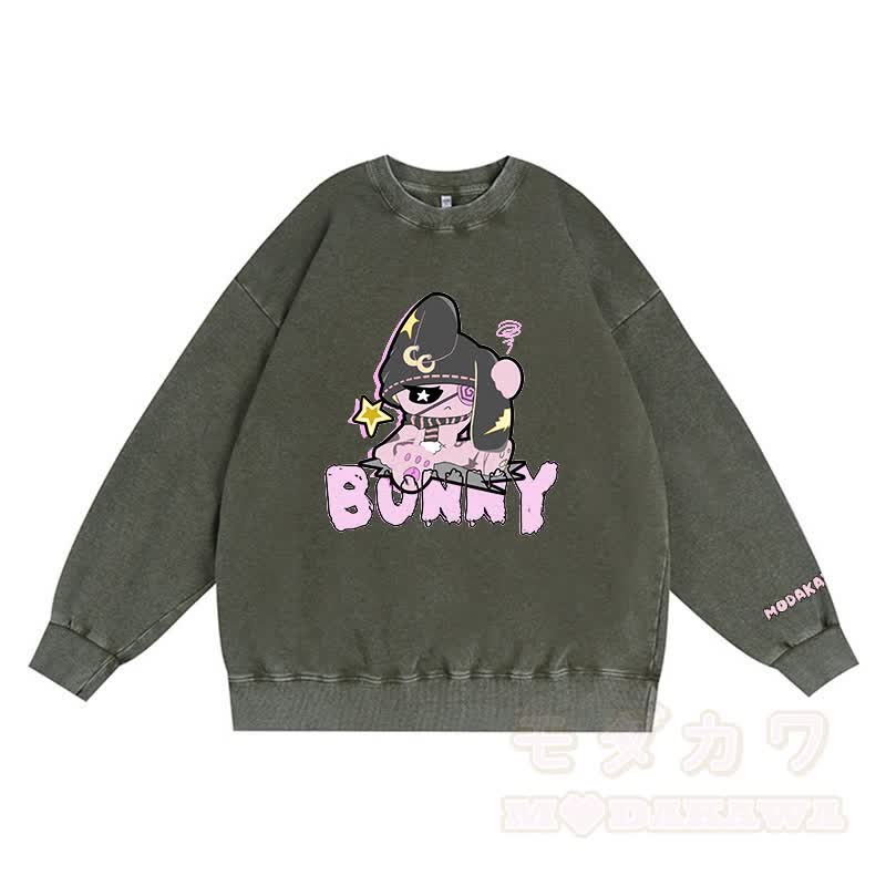 アンハッピーバニーグラフィックダーク美学ユニセックスヴィンテージウォッシュスウェットシャツ - 緑 - 3XL - image 3