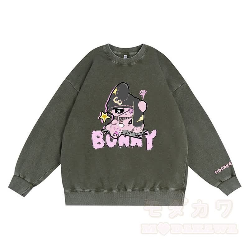 アンハッピーバニーグラフィックダーク美学ユニセックスヴィンテージウォッシュスウェットシャツ - 緑 - 3XL - image 3