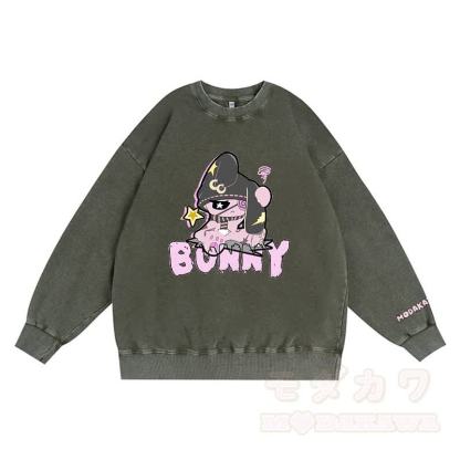 アンハッピーバニーグラフィックダーク美学ユニセックスヴィンテージウォッシュスウェットシャツ - 緑 - 3XL - image 3