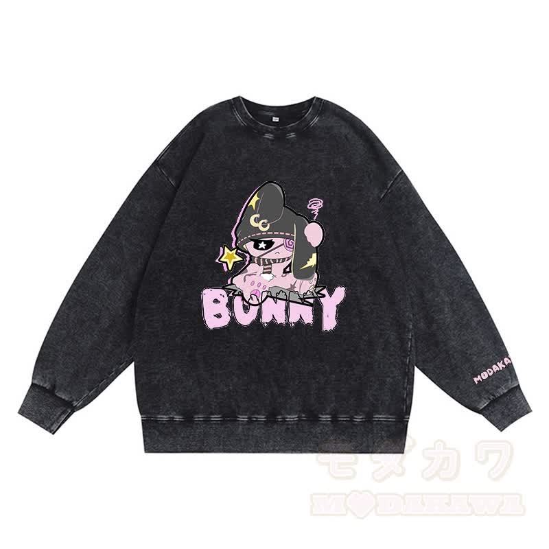 アンハッピーバニーグラフィックダーク美学ユニセックスヴィンテージウォッシュスウェットシャツ - 黒 - 3XL - image 1