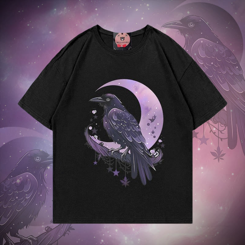 バードムーンプリント100%綿ModakawaTシャツ - Black - 5XL - image 1