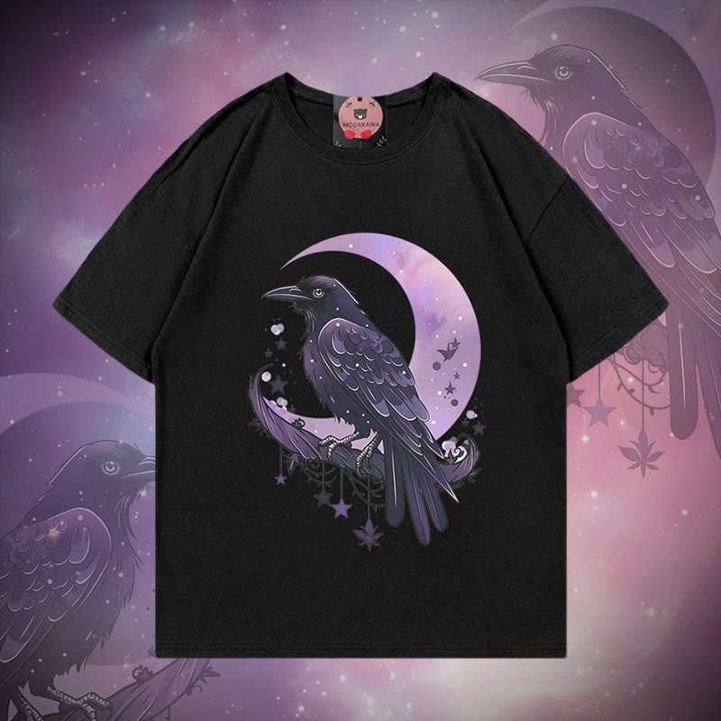 バードムーンプリント100%綿ModakawaTシャツ - Black - 5XL - image 1