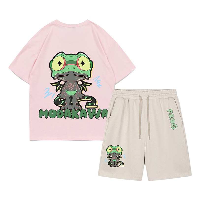 面白いカエルのグラフィックとダークな美的Tシャツとショートパンツの2点セット - ピンク＆アプリコット - C - 5XL - image 6