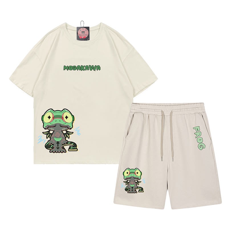 面白いカエルのグラフィックとダークな美的Tシャツとショートパンツの2点セット - アプリコット - B - 5XL - image 2