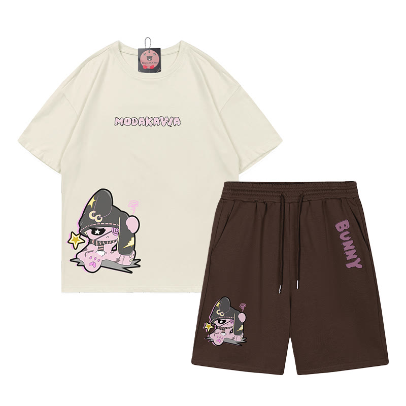 不幸なウサギのグラフィックダーク美学Tシャツショーツ2点セット - ベージュ＆ブラウン - B - 5XL - image 2