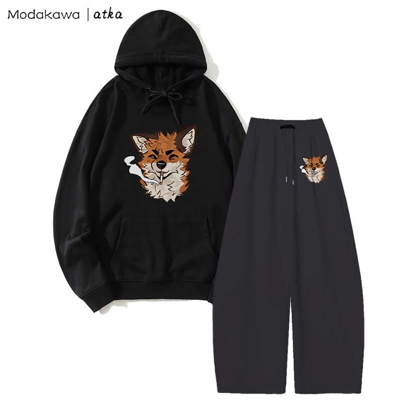 MODAKAWA X atka Fox スモーキンググラフィックパーカー ワイドレッグパンツ 2ピースセット - Black - 5XL - image 1