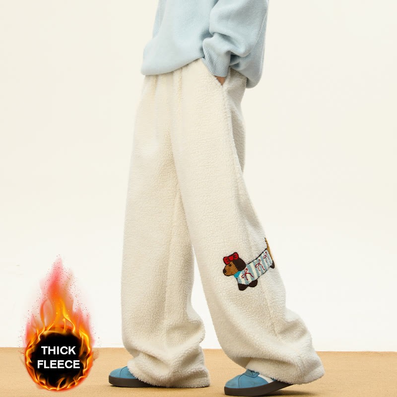 子犬の刺繍入り、着心地の良い厚手シェルパフリースパンツ。冬ラウンジパンツ。 - Apricot – Thick Fleece - 3XL - image 3