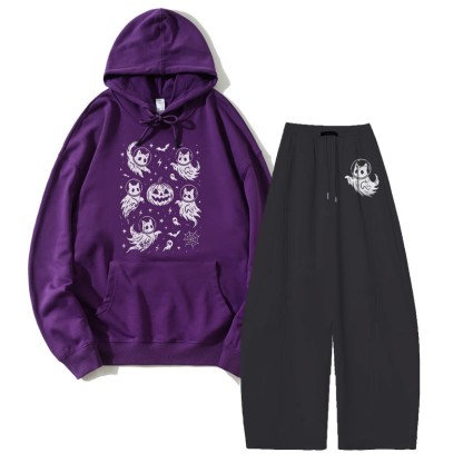 MODAKAWA ゴーストキャット パンプキン パーカー ワイドレッグパンツ 2点セット - Purple&Black - 5XL - image 1