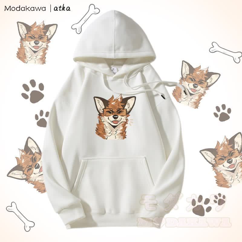 眼鏡をかけたキツネのグラフィック フリース裏地パーカー - 白 - 5XL - image 3