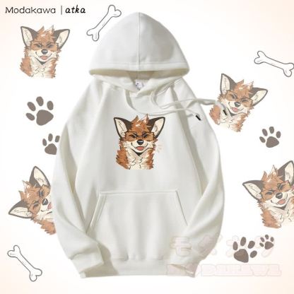 眼鏡をかけたキツネのグラフィック フリース裏地パーカー - 白 - 5XL - image 3