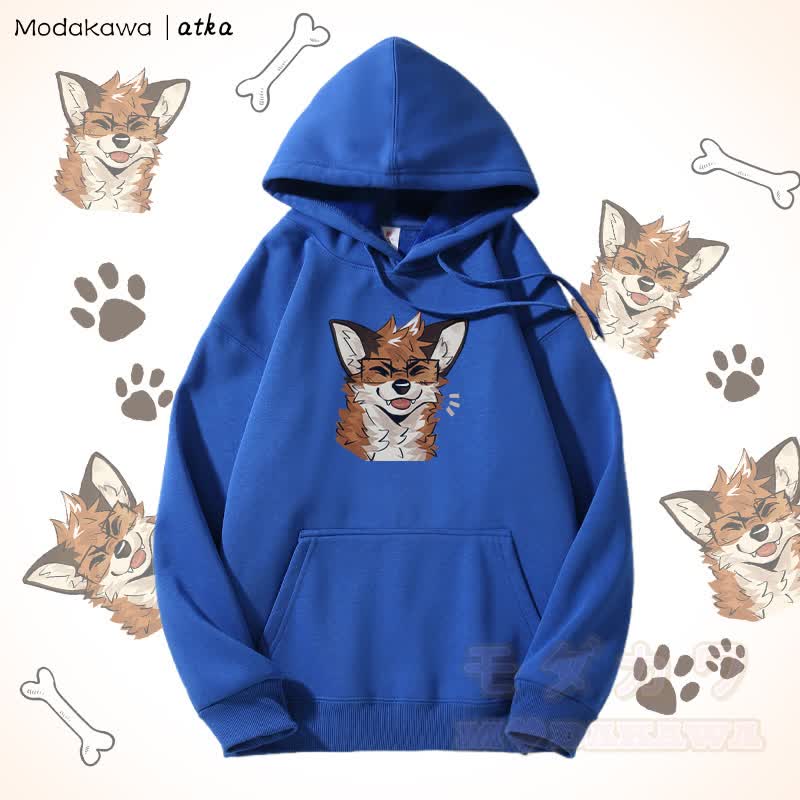 眼鏡をかけたキツネのグラフィック フリース裏地パーカー - 青 - 5XL - image 6