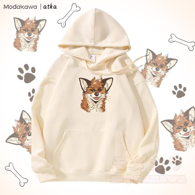 眼鏡をかけたキツネのグラフィック フリース裏地パーカー - ベージュ - 5XL - image 2