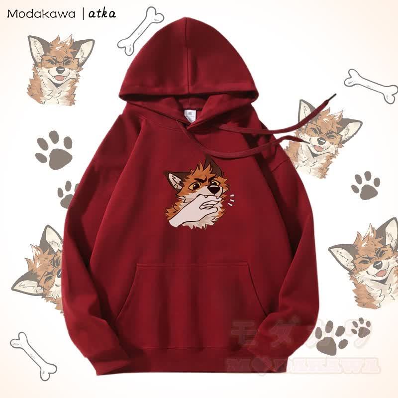 遊び心のあるキツネのグラフィック フリース裏地パーカー - 赤 - 5XL - image 8