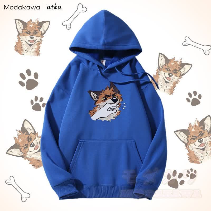 遊び心のあるキツネのグラフィック フリース裏地パーカー - 青 - 5XL - image 7