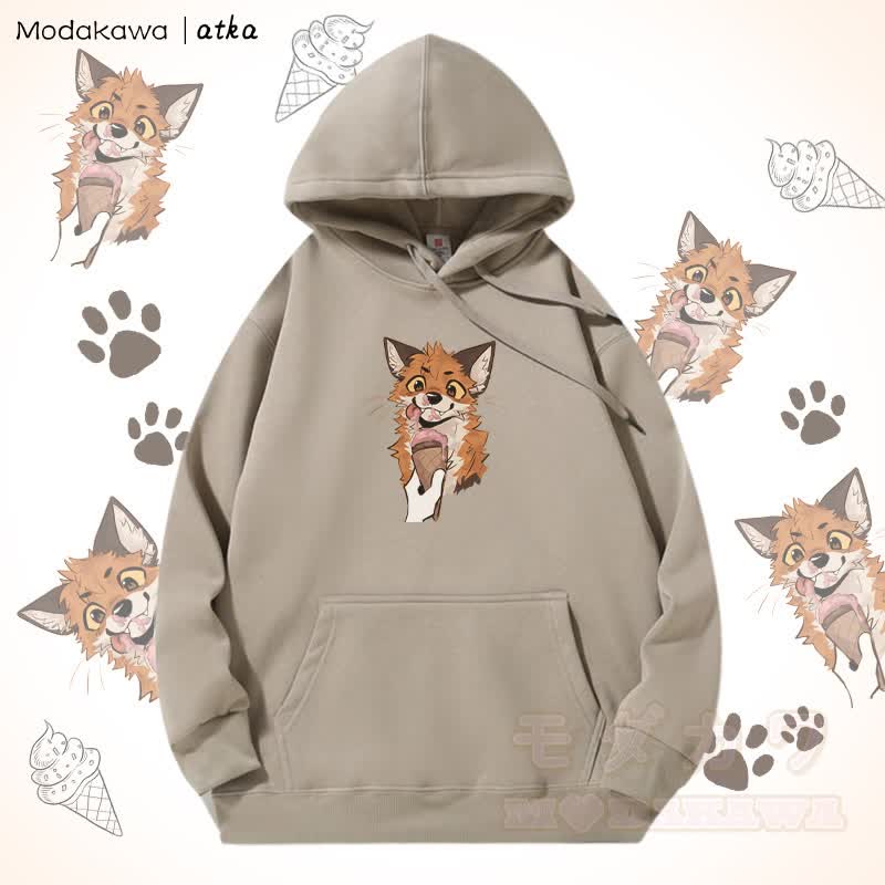 キツネがアイスクリームを食べるグラフィック フリース裏地パーカー - ライトカーキ - 5XL - image 1
