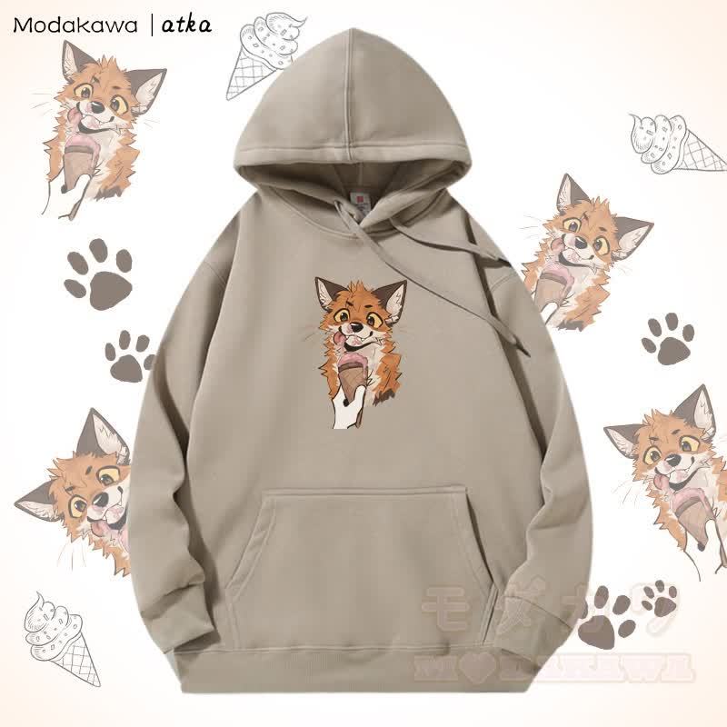 キツネがアイスクリームを食べるグラフィック フリース裏地パーカー - ライトカーキ - 5XL - image 1
