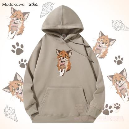 キツネがアイスクリームを食べるグラフィック フリース裏地パーカー - ライトカーキ - 5XL - image 1