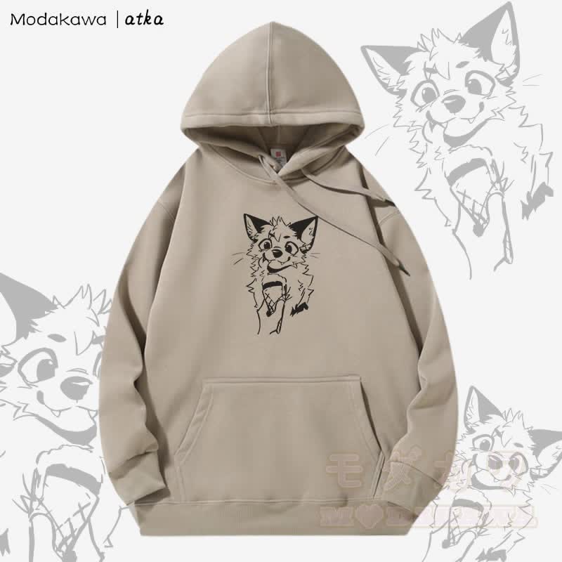 キツネがアイスクリームを食べるグラフィック フリース裏地パーカー - ライトカーキ - 5XL - image 1