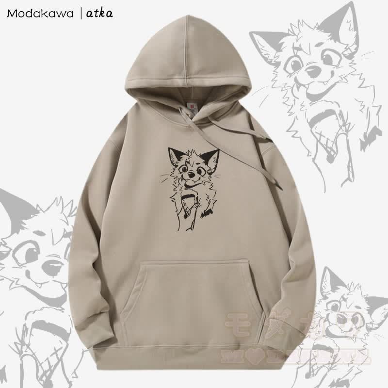 キツネがアイスクリームを食べるグラフィック フリース裏地パーカー - ライトカーキ - 5XL - image 1