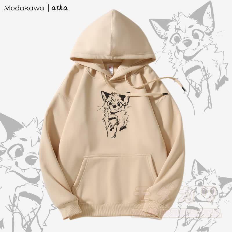 キツネがアイスクリームを食べるグラフィック フリース裏地パーカー - アプリコット - 5XL - image 3