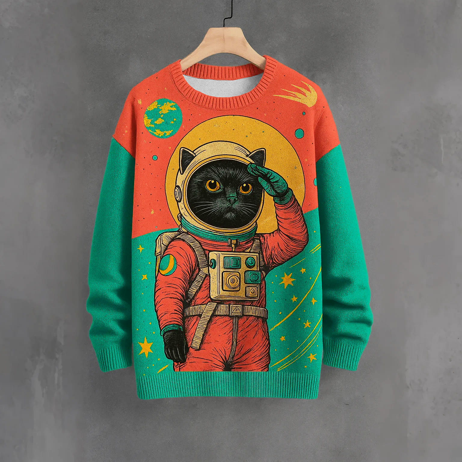 ブラックキャット宇宙飛行士プリントカラーブロックスウェットシャツ - Red&Green - 4XL - image 1