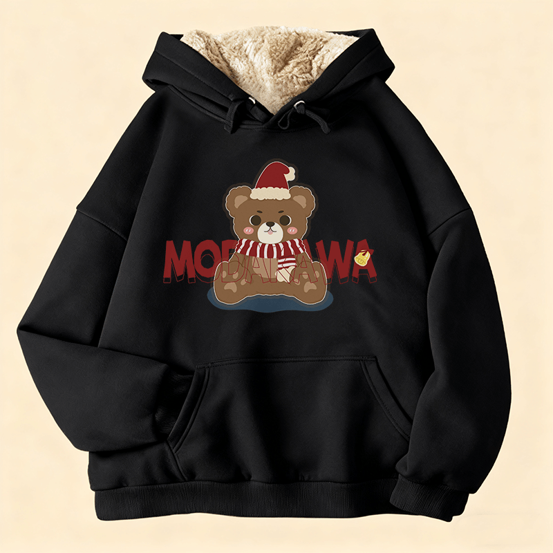 MODAKAWA クリスマスベアグラフィック 厚手フリース裏地冬パーカー - Black - 2XL - image 1